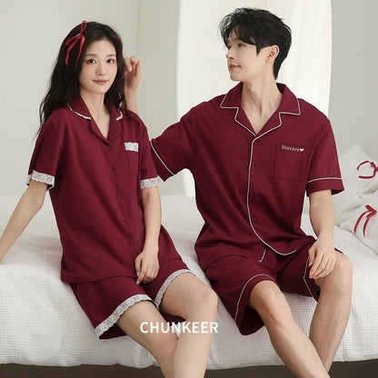 Elegant Lace Trim Cotton Couple Pajamas