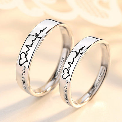 Custom Engraved Heartbeat Wedding Rings for Couples (Adjustable Size)