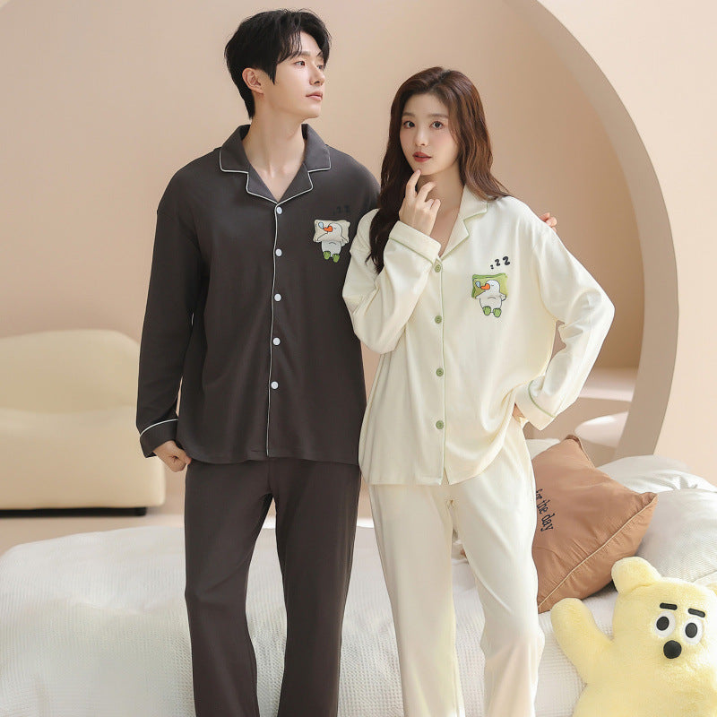Matching Couple Pajamas Set – Cotton Duck Print with Contrast Piping