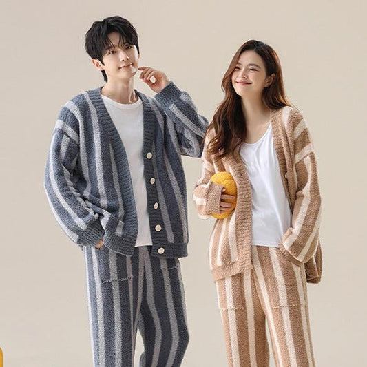 Striped Thick Pajamas Set for Couples - Premium Polyester