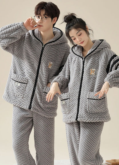 Matching Hooded Pajamas Flannel Couple PJs Set