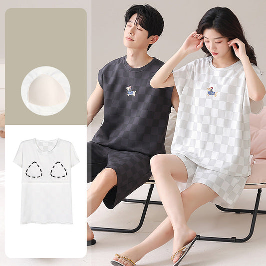 Checkered Couple Pajamas - Cotton Summer Set w/ Built-in Bra