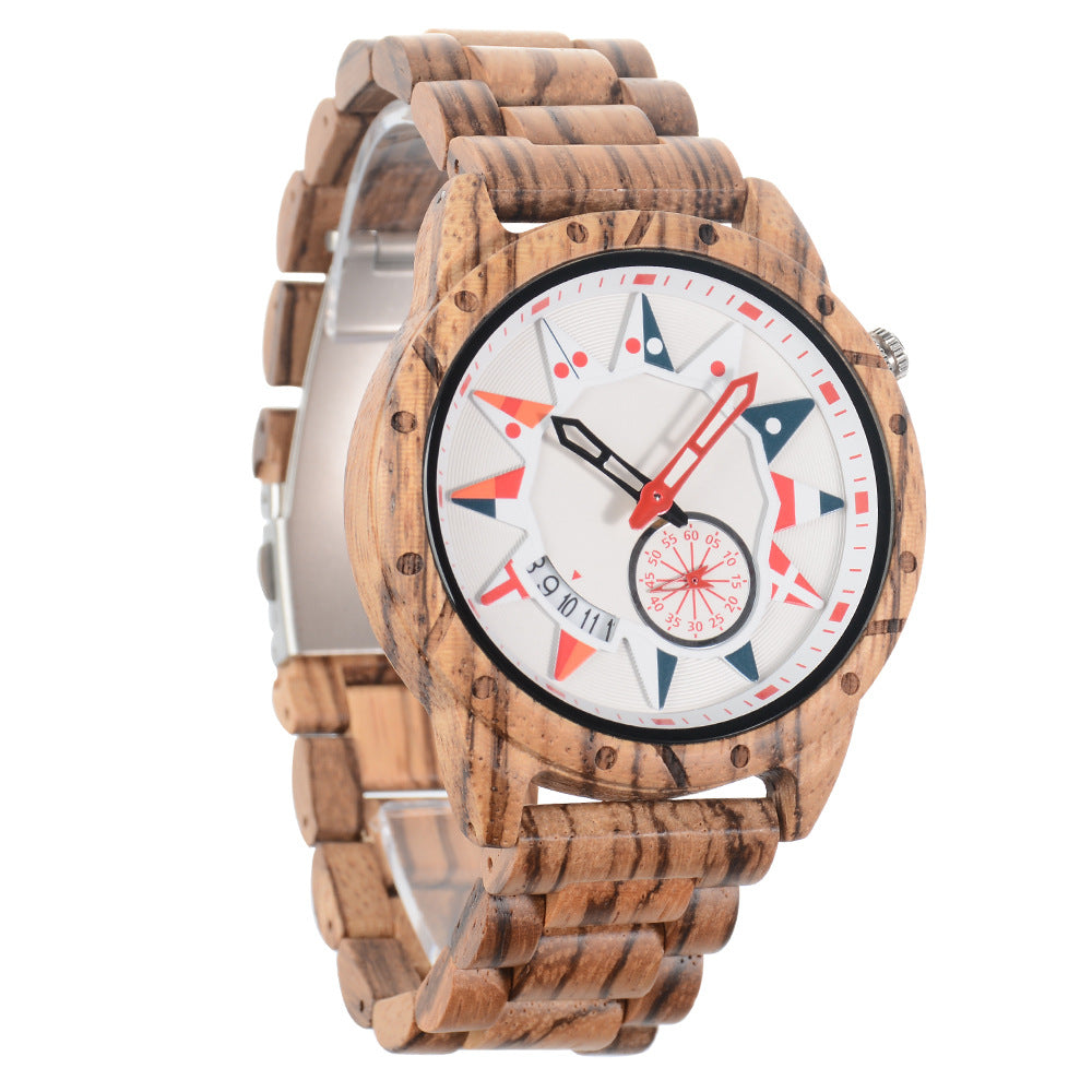 Engraved Mens Wood Quartz Watch Multifunctional