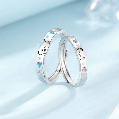 Luminous Sleeping Bear & Cat 925 Sterling Silver Couples Rings Set | Adjustable Glow in the Dark Matching Jewelry
