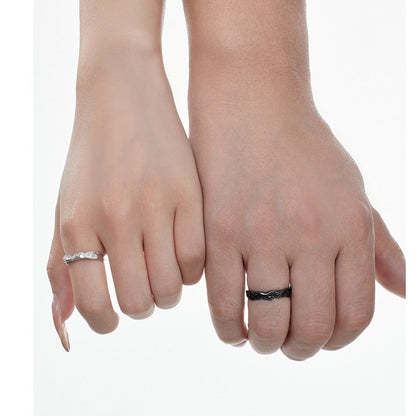 Engraved Black and Silver Adjustable Rings Set for Couples