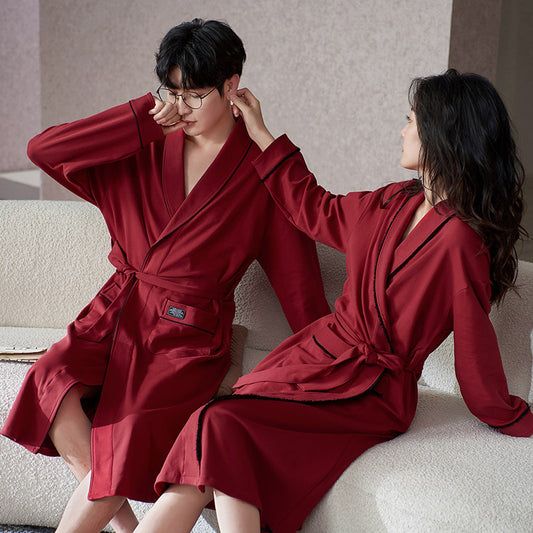 Matching Bathrobe Nightgown Set for Couples Cotton Red