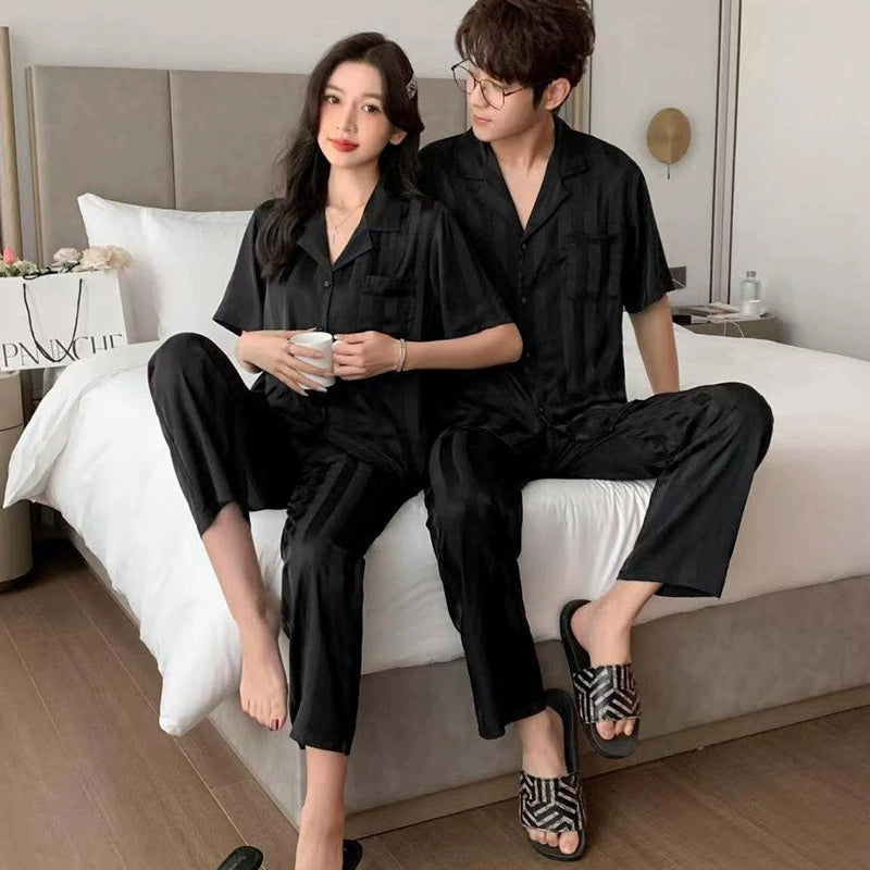 Minimalist Elegant Faux Silk Couple Pajamas – Stylish Black Satin Sleepwear Set by Gullei