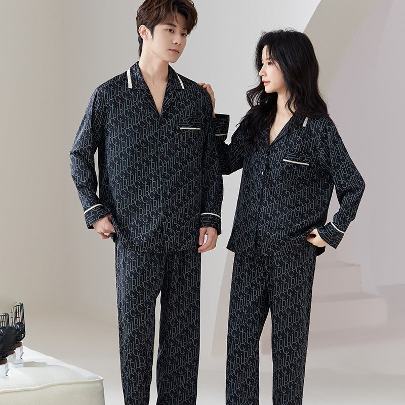 Luxury Monogram Faux Silk Couple Pajamas – Fashion-Forward Matching Sleepwear