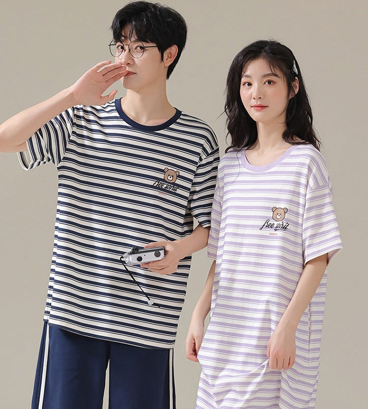 Cute Bear Summer Pajamas Set for Couples 100% Cotton