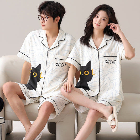 Minimalist Cat Couple Pajamas - Cotton Short Sleeve Cardigan