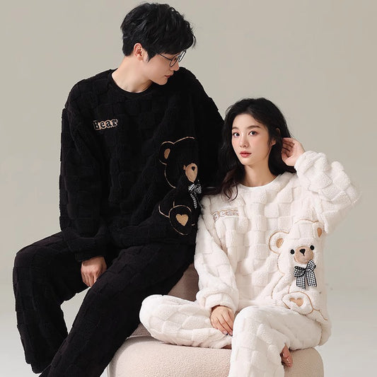4-Piece Thick Flannel Couples Cute Pajamas Set