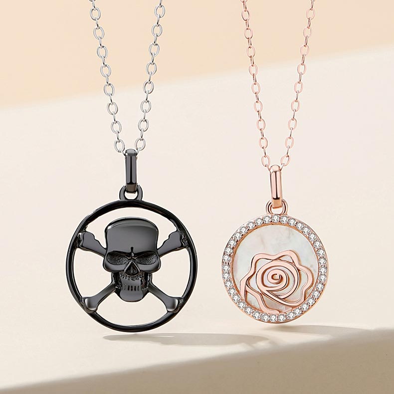 Rose and Skull Couple Necklaces Set for 2