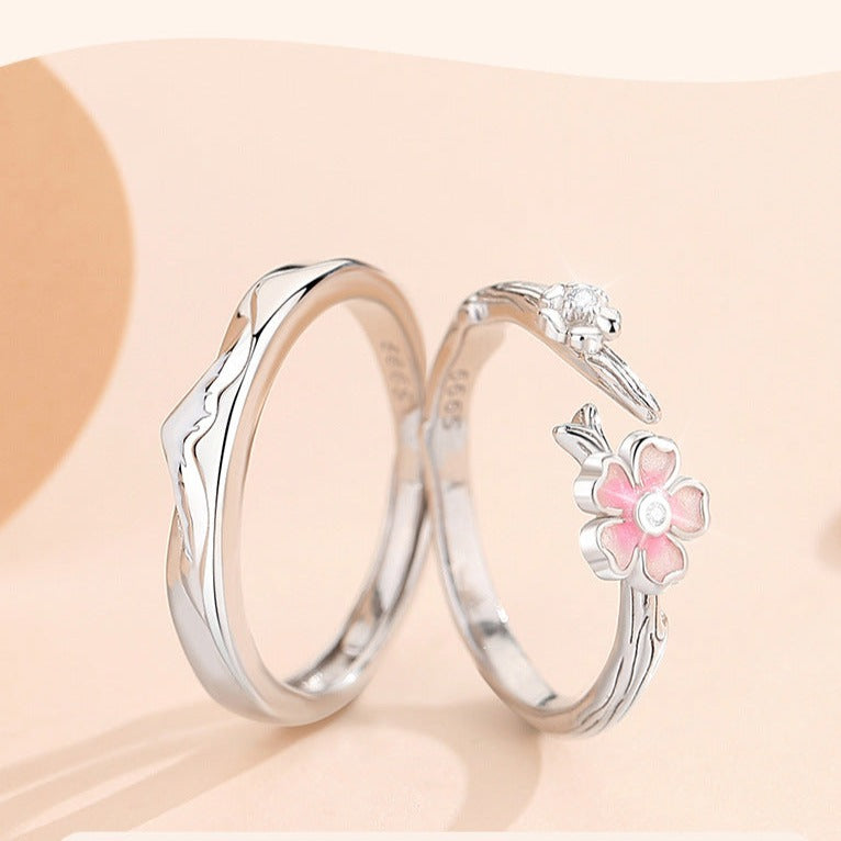 Adjustable Size Cherry Blossom Matching Rings Set for Two