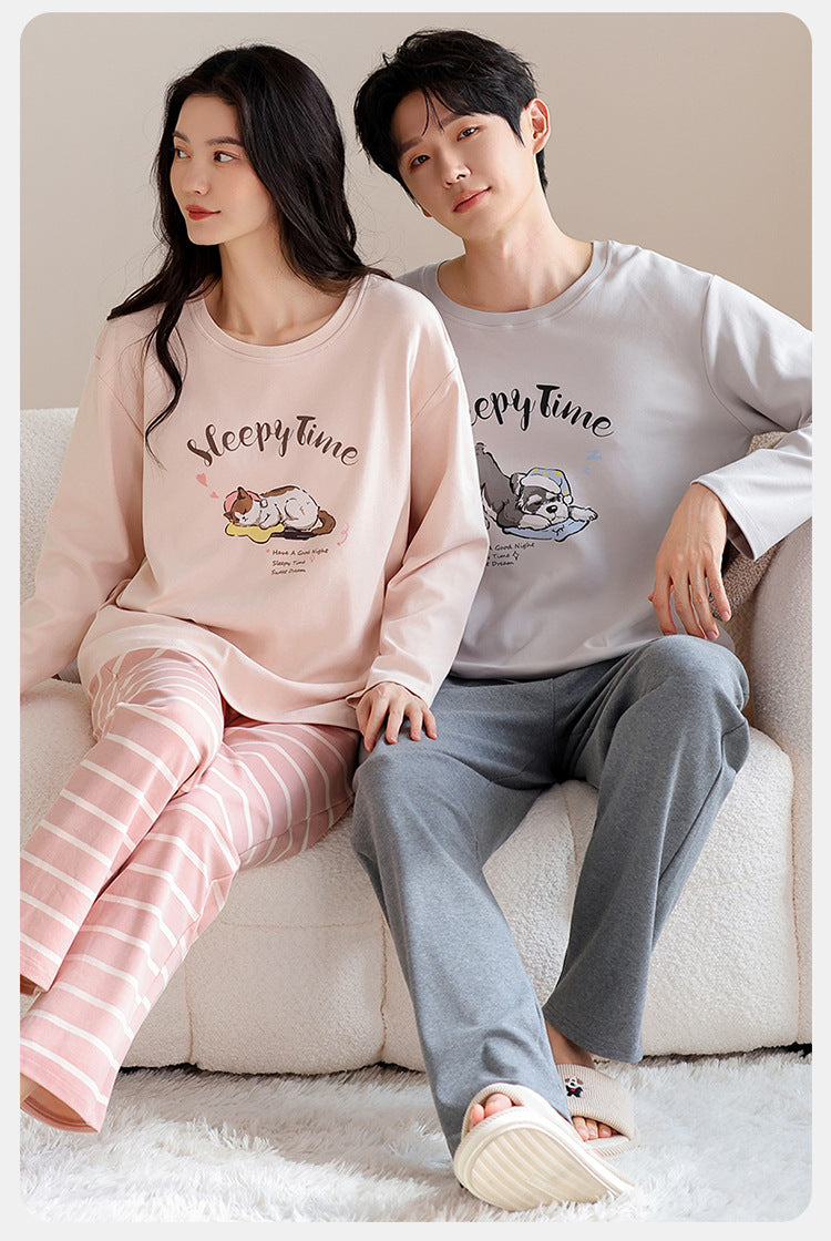 Soft Lounge Couple Pajamas – Cotton Sleepwear with Sleepy Puppy Prints by Gullei
