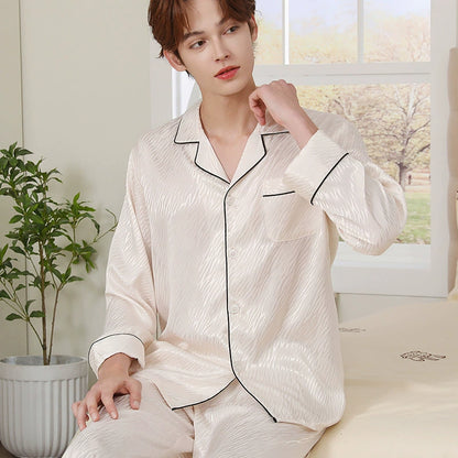 Modern Textured Satin Long-Sleeve Couple Pajamas