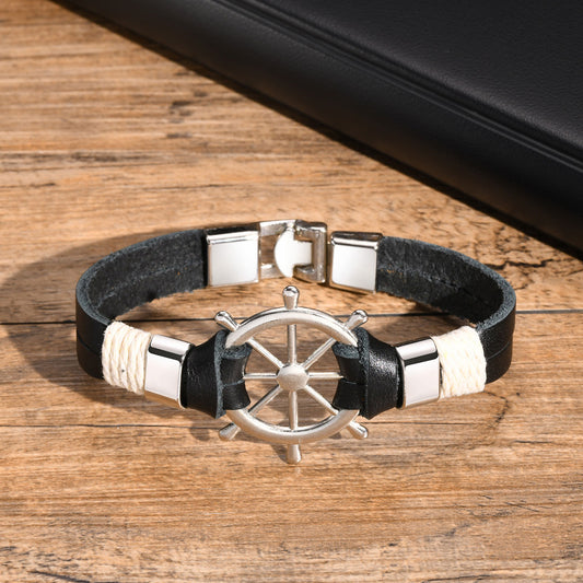Engraved Rudder Leather Wrap Bracelet for Him