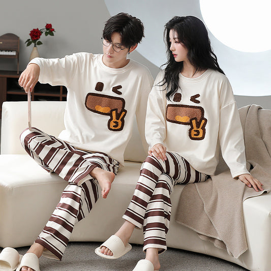 Matching Couple Pajamas Set – Thermal Plush Peace Sign Cartoon & Striped Pants
