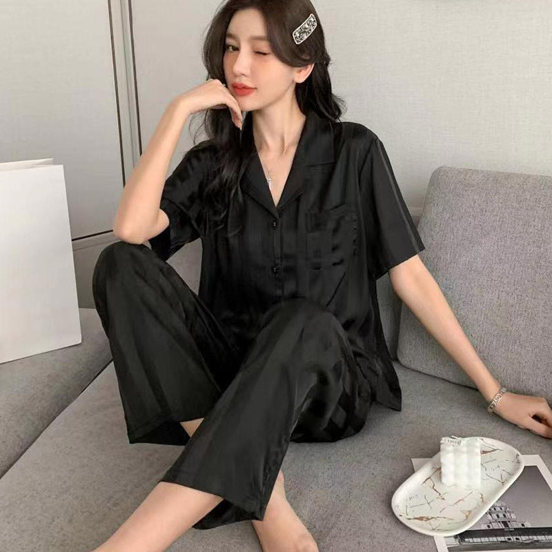 Minimalist Elegant Faux Silk Couple Pajamas – Stylish Black Satin Sleepwear Set by Gullei