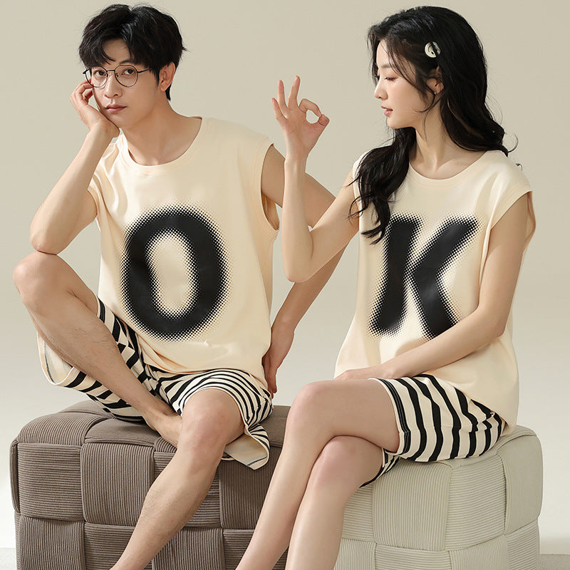 Minimalist Playful Couple Pajamas – Cotton “OK” Print Lounge Set by Gullei