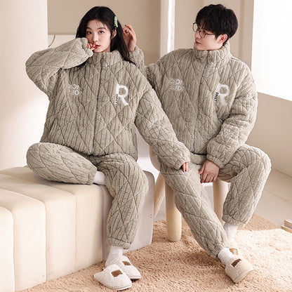 Matching Winter Couple Pajamas Set – Quilted Triple-Layer Fleece with Cotton Padding