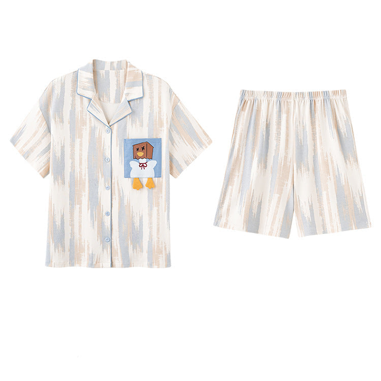 Cute Cartoon Couple Pajamas - Cotton Short Sleeve Cardigan