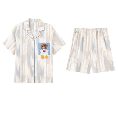 Cute Cartoon Couple Pajamas - Cotton Short Sleeve Cardigan