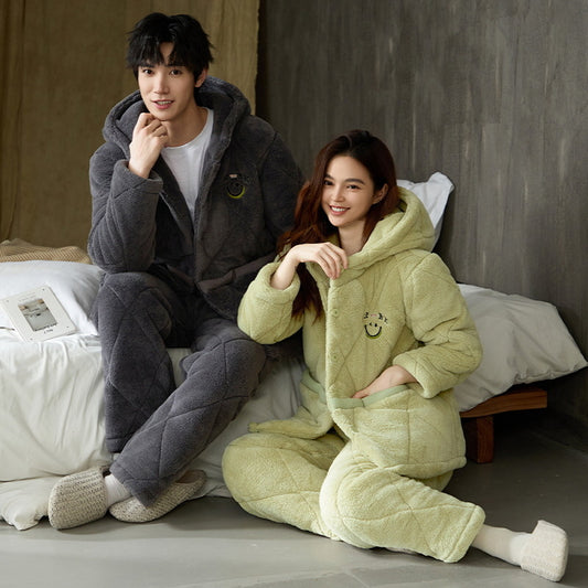 Quilted Couple Pajamas Set – Cozy Coral Fleece for Winter