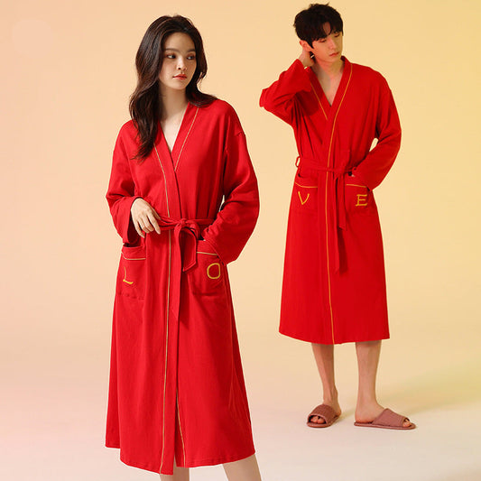 2-Piece Red Asian Style Bathrobe Set for Couples