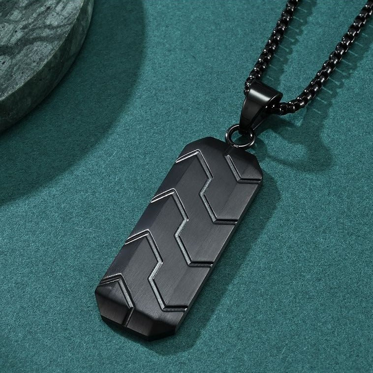 Engraved Beveled Tire Pattern Mens Necklace