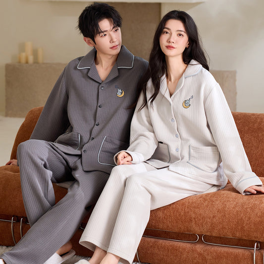Matching Couple Pajamas Set – Air Cotton with Moon & Star Embroidery