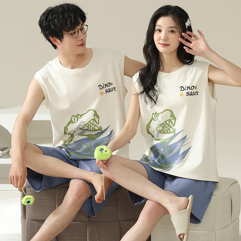 Playful Dinosaur Couple Pajamas – Cotton Sleeveless Top & Shorts Set by Gullei