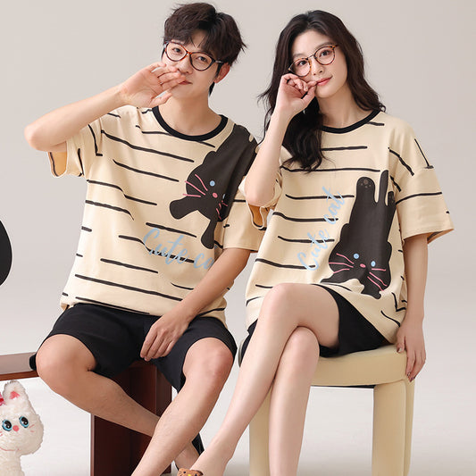 Cute Cat Couple Pajamas - Cotton Short Sleeve Matching Set
