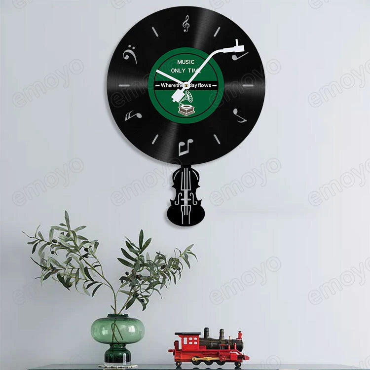 LP Record Pendulum Wall Clock — Vinyl, Silent (15.7x11.8 in)