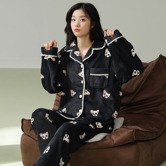 Couple Matching Nightwear Pajamas Set Dog Design Flannel