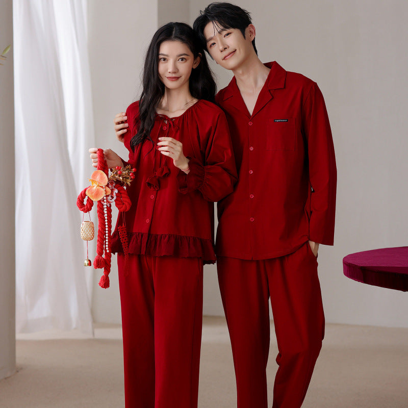Matching Couple Pajamas Set – Solid Red Cotton with Ribbon & Lapel Design