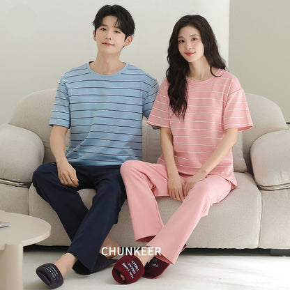 Sporty Striped Cotton Couple Lounge Set