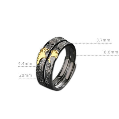 Solid Sterling Silver Romantic Black Rings Set for Two - Adjustable Size