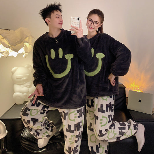 Matching Couple Pajamas Set – Smiley Face Coral Fleece Loungewear