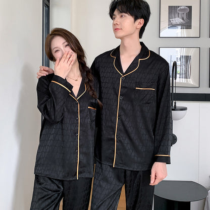 Matching Couple Pajamas – Geometric Jacquard Faux Silk Set with Gold Piping