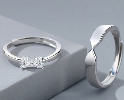 Solid Sterling Silver Bow Rings Set for Two - Adjustable Size