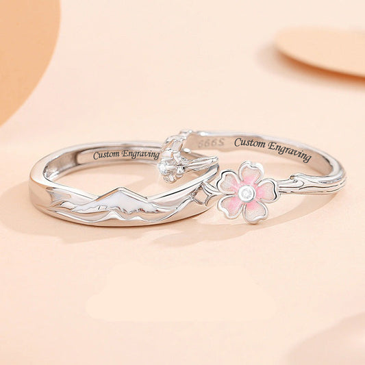 Adjustable Size Cherry Blossom Matching Rings Set for Two