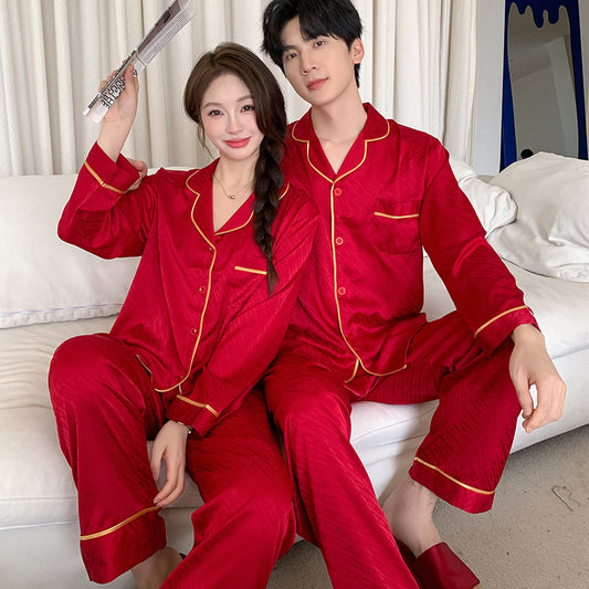 Elegant Red Faux Silk Couple Pajamas – Holiday & Classic Chic