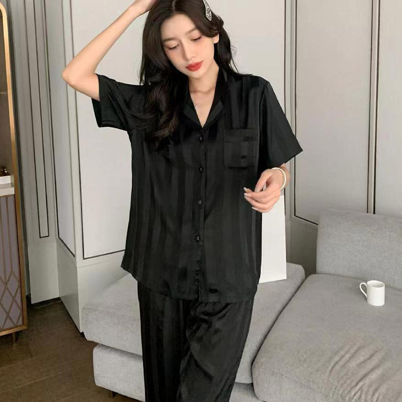 Minimalist Elegant Faux Silk Couple Pajamas – Stylish Black Satin Sleepwear Set by Gullei