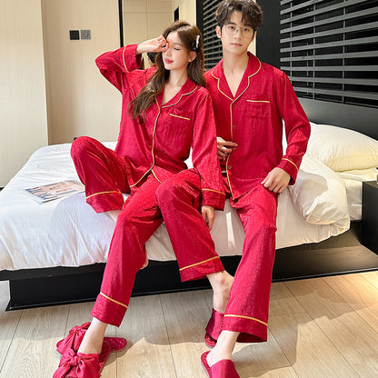 Matching Couple Pajamas – Monogram Patterned Faux Silk Set for Couples