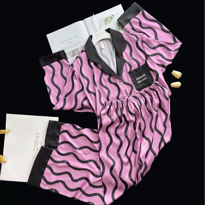 Women Pajamas Set – Trendy Pink/Black Wave Print Sleepwear