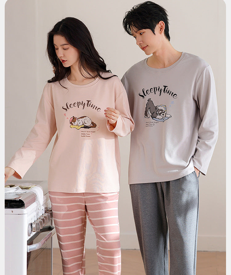 Soft Lounge Couple Pajamas – Cotton Sleepwear with Sleepy Puppy Prints by Gullei