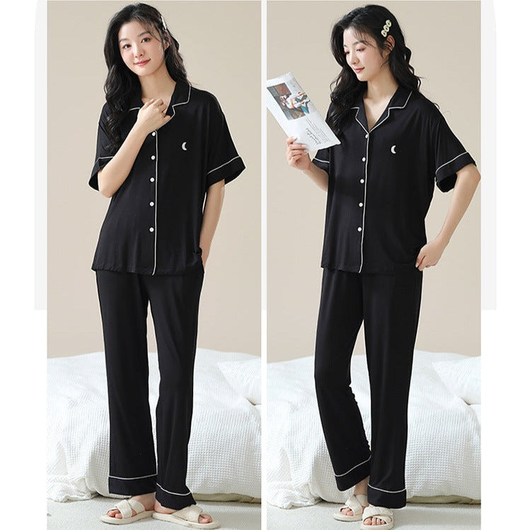 Black Button Up Pajamas Set for Women - 100% Yarn