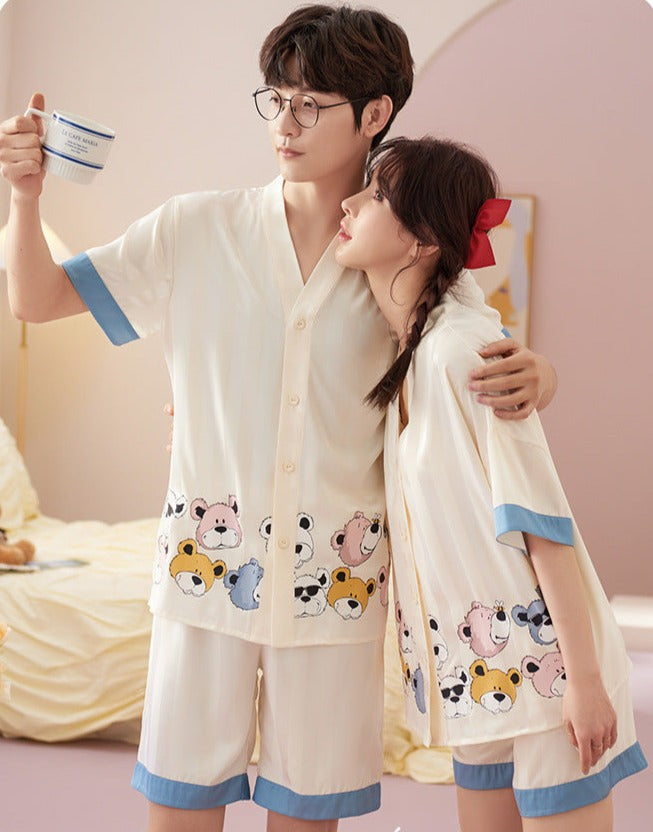 Matching Cardigan Silk Pajamas Set for Couples