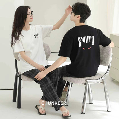 Youthful Plaid & Graphic Cotton Couple Lounge Set