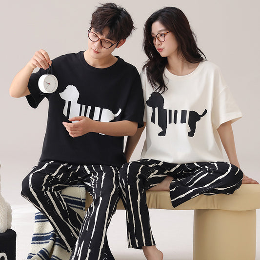 Cute Puppy Couple Pajamas - Cotton Short Sleeve Long Pants